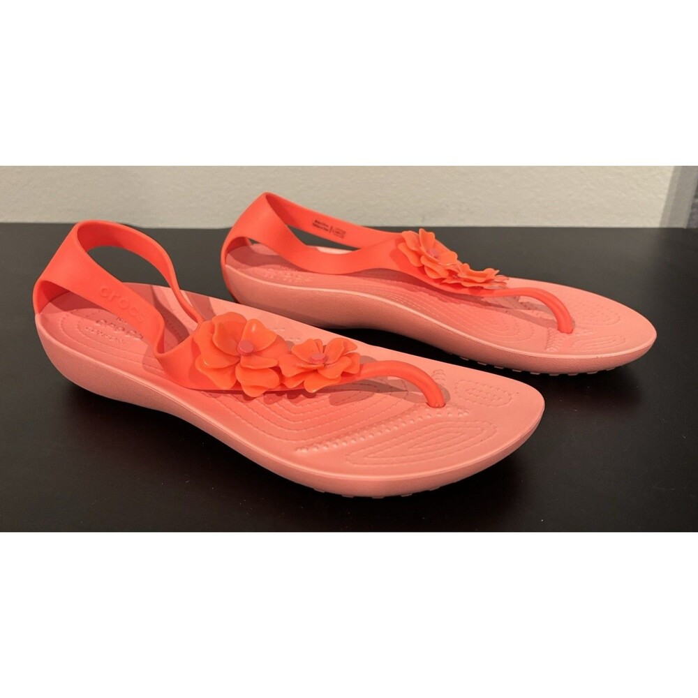 Crocs Serena Women's Floral Embellished Coral Pink Slip-On Thong Sandals Size 11